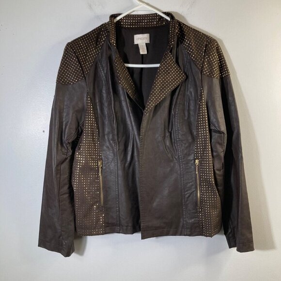 Womens Chicos Faux Leather Studded Moto Jacket Brown Gold M PU Viscose Polyester - Picture 1 of 9